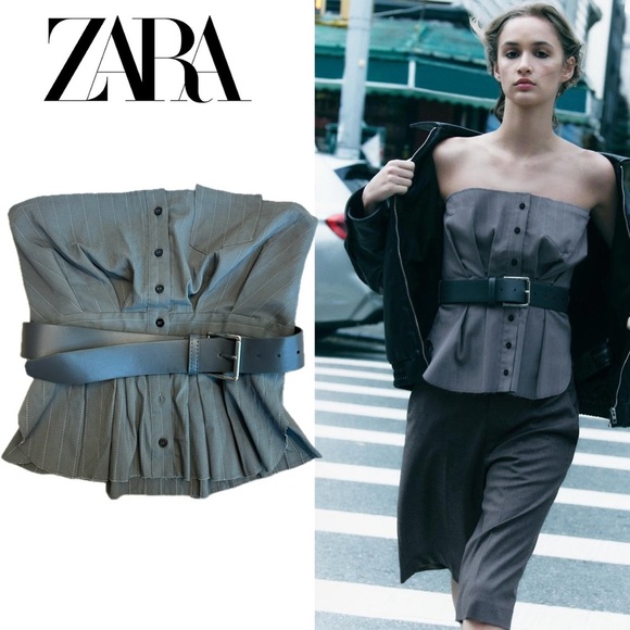 Zara charcoal gray pinstripe bustier corset top strapless raw unfinished hem L - Picture 16 of 16